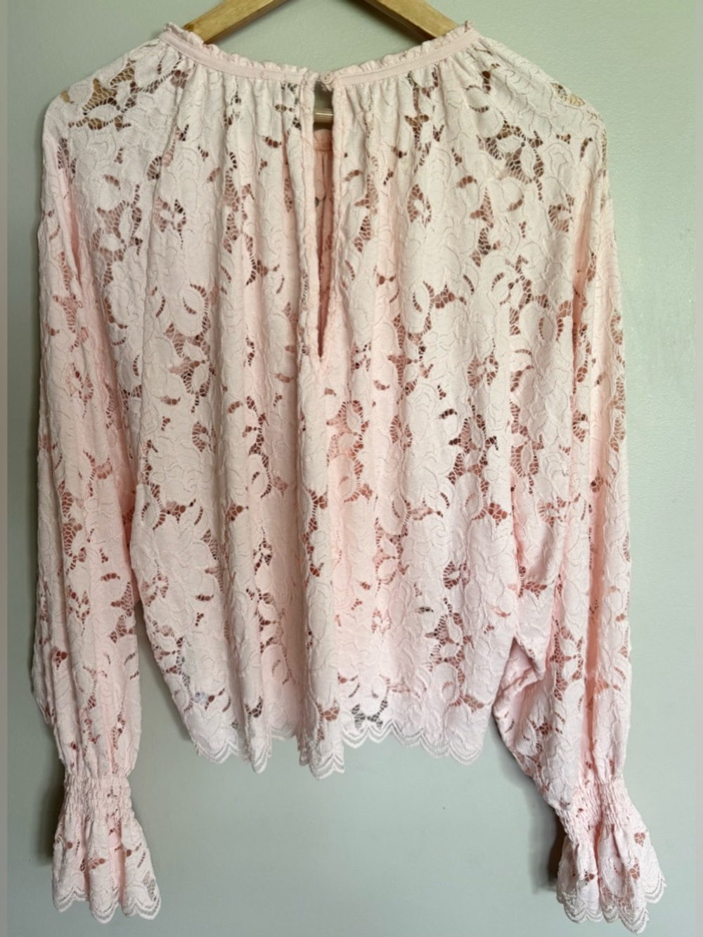 Free People Blush Pink Lace Boho Blouse Sheer Long Sleeve Romantic Top Size S - Picture 3 of 12